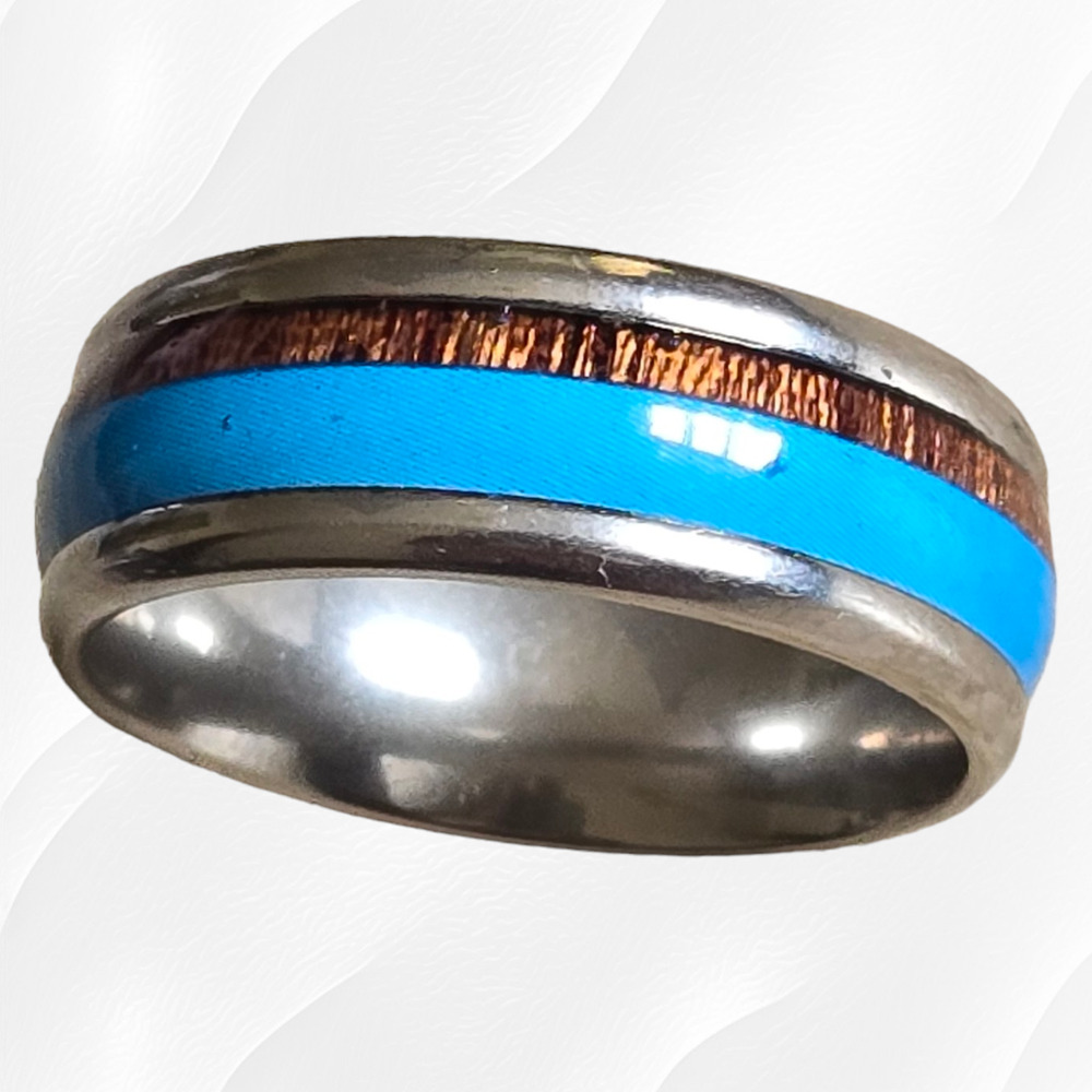 Turquoise Wood Pattern Artificial Inlay Stainless Steel Fashion Band Ring Size 9